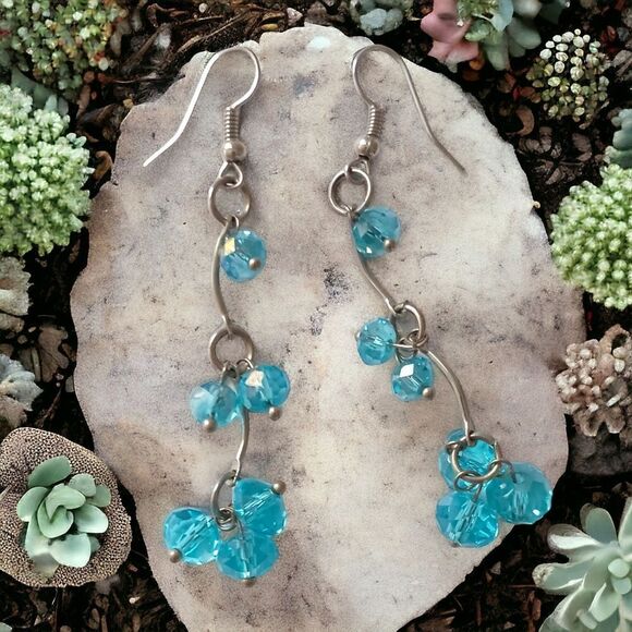 Glass Beaded Chandelier Earrings Aqua Ocean Blue Silver Tone Faceted Dangle - Picture 1 of 16